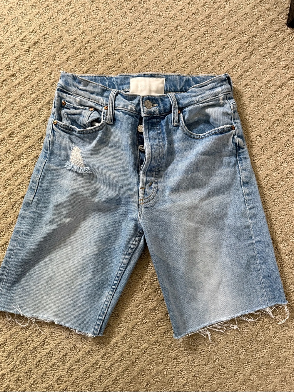MOTHER Light Wash Frayed Denim Bermuda Shorts